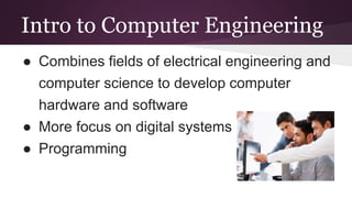 Intro to Computer Engineering
● Combines fields of electrical engineering and
computer science to develop computer
hardware and software
● More focus on digital systems
● Programming
 