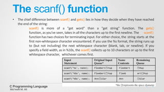 The scanf() function
• The chief difference between scanf() and gets() lies in how they decide when they have reached
the end of the string:
scanf() is more of a "get word" than a "get string" function. The gets()
function, as you've seen, takes in all the characters up to the first newline. The scanf()
function has two choices for terminating input. For either choice, the string starts at the
first non-whitespace character encountered. If you use the %s format, the string runs up
to (but not including) the next whitespace character (blank, tab, or newline). If you
specify a field width, as in %10s, the scanf() collects up to 10 characters or up to the first
whitespace character, whichever comes first.
Mo’meN M. Ali
C Programming Language
 