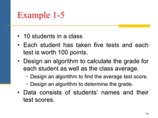 40
Example 1-5
• 10 students in a class
• Each student has taken five tests and each
test is worth 100 points.
• Design an algorithm to calculate the grade for
each student as well as the class average.
− Design an algorithm to find the average test score.
− Design an algorithm to determine the grade.
• Data consists of students’ names and their
test scores.
 