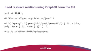 Load resource relations using GraphQL form the CLI
curl -X POST 
-H "Content-Type: application/json" 
-d '{ "query": "{ post(id:"/api/posts/1") { id, title,
body, type { id, name } }}" }' 
http://localhost:8080/api/graphql
 