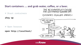 Start containers … and grab water, coffee, or a beer.
# Start containers
ahoy up
# Open browser
open http://localhost/
 