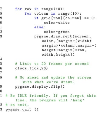 57     for row in range (10) :
58         for column in range (10) :
59             if grid [ row ][ column ] == 0:
60                  color = white
61             else :
62                  color = green
63             pygame . draw . rect ( screen ,
                  color ,[ margin +( width +
                  margin ) * column , margin +(
                  height + margin ) * row ,
                  width , height ])
64
65     # Limit to 20 frames per second
66     clock . tick (20)
67
68     # Go ahead and update the screen
          with what we ’ ve drawn .
69     pygame . display . flip ()
70
71 # Be IDLE friendly . If you forget this
       line , the program will ’ hang ’
72 # on exit .
73 pygame . quit ()
 