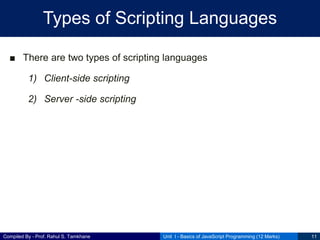 Compiled By - Prof. Rahul S. Tamkhane
Types of Scripting Languages
■ There are two types of scripting languages
1) Client-side scripting
2) Server -side scripting
Unit I - Basics of JavaScript Programming (12 Marks) 11
 