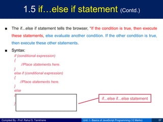 Compiled By - Prof. Rahul S. Tamkhane
1.5 if…else if statement (Contd.)
■ The if...else if statement tells the browser, “If the condition is true, then execute
these statements, else evaluate another condition. If the other condition is true,
then execute these other statements.
■ Syntax:
if (conditional expression)
{
//Place statements here.
}
else if (conditional expression)
{
//Place statements here.
}
else
{
}
Unit I - Basics of JavaScript Programming (12 Marks) 57
if...else if...else statement
 