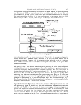 Computer Science & Information Technology (CS & IT) 287
processing part has the huge impact over the latency of the whole process. The stream processing
part also needs to finish the preconditioning of the current data unit before the next data unit
arrives. Otherwise, the next data unit will be lost as there is no storage for buffering the incoming
data in a stream mining algorithm. On the other hand, the query processing part takes care of the
detailed analysis such as a frequent pattern analysis, or a hot topic extraction based on the
Figure 1. A model of stream mining algorithms.
intermediate data passed by the stream processing part. The output by the query processing part is
usually pushed into a database system, and there is no such an urgent demand for an
instantaneous response. Therefore, only the stream processing part needs to run on a real-time
basis, and the successful analysis over all the incoming data simply relies on the speed of the
stream processing part.
The model in Figure 1 also indicates that the data access pattern of the stream mining algorithms
is totally different from the data access pattern of so-called data intensive applications, which is
intensively investigated in high performance computing community. The data access pattern in
the data intensive applications is a write-once-read-many [32]. That is, the application refers to
the necessary data repeatedly during the computation. Therefore, the key for the speedup of the
application is to place the necessary data close to the computational nodes for the faster data
accesses throughout the execution of the target application. On the other hand, in a stream mining
algorithm, a process refers to its data unit only once, which is a read-once-write-once style.
Therefore, a scheduling algorithm for the data intensive applications is not simply applicable for
the purpose of the speedup of a stream mining algorithm.
Figure 2 illustrates data dependencies between two processes analyzing data units in line, and
data dependencies inside the process [35]. Here, the assumption is that each process analyzes
each data unit. The left top flow represents the stream processing part of the preceding process,
and the right bottom flow represents the stream processing part of the successive process. Each
flow consists of six stages; read from sketches, read from input, stream processing, update
sketches, read from sketches, and analysis. An arrow represents a control flow, and a dashed
arrow represents a data dependency. In Figure 2, there are three data dependencies in total, and all
 