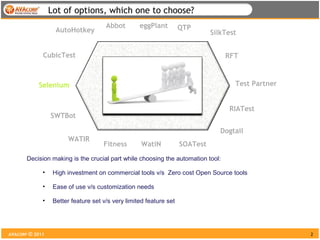 Lot of options, which one to choose?
                                      Abbot        eggPlant         QTP
                   AutoHotkey                                                 SilkTest


             CubicTest                                                            RFT



           Selenium                                                                  Test Partner


                                                                                   RIATest
                 SWTBot

                                                                                 Dogtail
                       WATIR
                                     Fitness        WatiN           SOATest

       Decision making is the crucial part while choosing the automation tool:

             •    High investment on commercial tools v/s Zero cost Open Source tools

             •    Ease of use v/s customization needs

             •    Better feature set v/s very limited feature set




AVACORP © 2011                                                                                      2
 