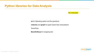 Python libraries for Data Analysis
os for Operating system and file operations
networkx and igraph for graph based data manipulations
TensorFlow
BeautifulSoup for scrapping web
For instructor
 