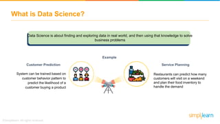 What is Data Science?
Example
Restaurants can predict how many
customers will visit on a weekend
and plan their food inventory to
handle the demand
Service Planning
System can be trained based on
customer behavior pattern to
predict the likelihood of a
customer buying a product
Customer Prediction
Data Science is about finding and exploring data in real world, and then using that knowledge to solve
business problems
 