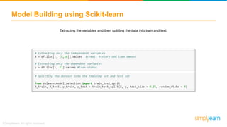 Model Building using Scikit-learn
Extracting the variables and then splitting the data into train and test:
 