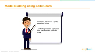 Model Building using Scikit-learn
In this case, we will use Logistic
Regression model
Logistic Regression is appropriate
when the dependent variable is
binary
 