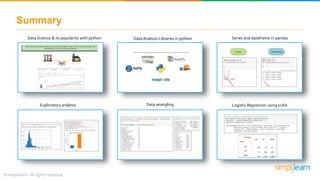 Summary
Data Science & its popularity with python Data Analysis Libraries in python Series and dataframe in pandas
Logistic Regression using scikitData wranglingExploratory analysis
 