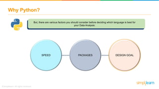 Why Python?
SPEED PACKAGES DESIGN GOAL
But, there are various factors you should consider before deciding which language is best for
your Data Analysis:
 