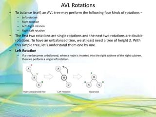 AVL Rotations
• To balance itself, an AVL tree may perform the following four kinds of rotations −
– Left rotation
– Right rotation
– Left-Right rotation
– Right-Left rotation
• The first two rotations are single rotations and the next two rotations are double
rotations. To have an unbalanced tree, we at least need a tree of height 2. With
this simple tree, let's understand them one by one.
• Left Rotation
– If a tree becomes unbalanced, when a node is inserted into the right subtree of the right subtree,
then we perform a single left rotation.
57Neofour.com
 