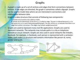 Graphs
• A graph is made up of a set of vertices and edges that form connections between
vertices. If the edges are directed, the graph is sometimes called a digraph. Graphs
can be used to model data where we are interested in connections and
relationships between data.
• Graph is a data structure that consists of following two components:
1. A finite set of vertices also called as nodes.
2. A finite set of ordered pair of the form (u, v) called as edge. The pair is ordered because (u, v) is
not same as (v, u) in case of directed graph(di-graph). The pair of form (u, v) indicates that there is an
edge from vertex u to vertex v. The edges may contain weight/value/cost.
• Graphs are used to represent many real life applications: Graphs are used to
represent networks. The networks may include paths in a city or telephone
network or circuit network. Graphs are also used in social networks like linkedIn,
facebook. For example, in facebook, each person is represented with a vertex(or
node). Each node is a structure and contains information like person id, name,
gender and locale.
78Neofour.com
 