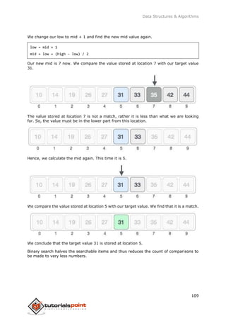 Data Structures & Algorithms
109
We change our low to mid + 1 and find the new mid value again.
low = mid + 1
mid = low + (high - low) / 2
Our new mid is 7 now. We compare the value stored at location 7 with our target value
31.
The value stored at location 7 is not a match, rather it is less than what we are looking
for. So, the value must be in the lower part from this location.
Hence, we calculate the mid again. This time it is 5.
We compare the value stored at location 5 with our target value. We find that it is a match.
We conclude that the target value 31 is stored at location 5.
Binary search halves the searchable items and thus reduces the count of comparisons to
be made to very less numbers.
 
