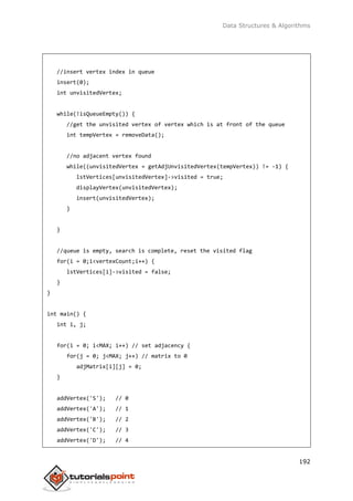 Data Structures & Algorithms
192
//insert vertex index in queue
insert(0);
int unvisitedVertex;
while(!isQueueEmpty()) {
//get the unvisited vertex of vertex which is at front of the queue
int tempVertex = removeData();
//no adjacent vertex found
while((unvisitedVertex = getAdjUnvisitedVertex(tempVertex)) != -1) {
lstVertices[unvisitedVertex]->visited = true;
displayVertex(unvisitedVertex);
insert(unvisitedVertex);
}
}
//queue is empty, search is complete, reset the visited flag
for(i = 0;i<vertexCount;i++) {
lstVertices[i]->visited = false;
}
}
int main() {
int i, j;
for(i = 0; i<MAX; i++) // set adjacency {
for(j = 0; j<MAX; j++) // matrix to 0
adjMatrix[i][j] = 0;
}
addVertex('S'); // 0
addVertex('A'); // 1
addVertex('B'); // 2
addVertex('C'); // 3
addVertex('D'); // 4
 