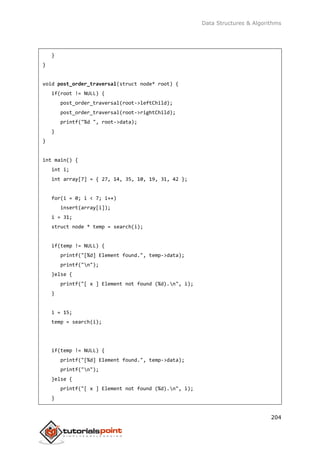 Data Structures & Algorithms
204
}
}
void post_order_traversal(struct node* root) {
if(root != NULL) {
post_order_traversal(root->leftChild);
post_order_traversal(root->rightChild);
printf("%d ", root->data);
}
}
int main() {
int i;
int array[7] = { 27, 14, 35, 10, 19, 31, 42 };
for(i = 0; i < 7; i++)
insert(array[i]);
i = 31;
struct node * temp = search(i);
if(temp != NULL) {
printf("[%d] Element found.", temp->data);
printf("n");
}else {
printf("[ x ] Element not found (%d).n", i);
}
i = 15;
temp = search(i);
if(temp != NULL) {
printf("[%d] Element found.", temp->data);
printf("n");
}else {
printf("[ x ] Element not found (%d).n", i);
}
 