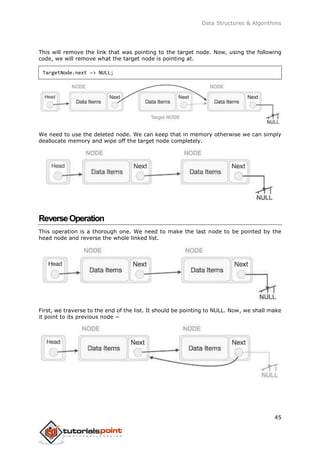 Data Structures & Algorithms
45
This will remove the link that was pointing to the target node. Now, using the following
code, we will remove what the target node is pointing at.
TargetNode.next −> NULL;
We need to use the deleted node. We can keep that in memory otherwise we can simply
deallocate memory and wipe off the target node completely.
ReverseOperation
This operation is a thorough one. We need to make the last node to be pointed by the
head node and reverse the whole linked list.
First, we traverse to the end of the list. It should be pointing to NULL. Now, we shall make
it point to its previous node −
 