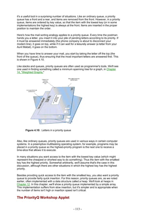 it's a useful tool in a surprising number of situations. Like an ordinary queue, a priority
queue has a front and a rear, and items are removed from the front. However, in a priority
queue, items are ordered by key value, so that the item with the lowest key (or in some
implementations the highest key) is always at the front. Items are inserted in the proper
position to maintain the order.

Here's how the mail sorting analogy applies to a priority queue. Every time the postman
hands you a letter, you insert it into your pile of pending letters according to its priority. If
it must be answered immediately (the phone company is about to disconnect your
modem line), it goes on top, while if it can wait for a leisurely answer (a letter from your
Aunt Mabel), it goes on the bottom.

When you have time to answer your mail, you start by taking the letter off the top (the
front of the queue), thus ensuring that the most important letters are answered first. This
is shown in Figure 4.10.

Like stacks and queues, priority queues are often used as programmer's tools. We'll see
one used in finding something called a minimum spanning tree for a graph, in Chapter
14, "Weighted Graphs."




        Figure 4.10: Letters in a priority queue



Also, like ordinary queues, priority queues are used in various ways in certain computer
systems. In a preemptive multitasking operating system, for example, programs may be
placed in a priority queue so the highest-priority program is the next one to receive a
time-slice that allows it to execute.

In many situations you want access to the item with the lowest key value (which might
represent the cheapest or shortest way to do something). Thus the item with the smallest
key has the highest priority. Somewhat arbitrarily, we'll assume that's the case in this
discussion, although there are other situations in which the highest key has the highest
priority.

Besides providing quick access to the item with the smallest key, you also want a priority
queue to provide fairly quick insertion. For this reason, priority queues are, as we noted
earlier, often implemented with a data structure called a heap. We'll look at heaps in
Chapter 12. In this chapter, we'll show a priority queue implemented by a simple array.
This implementation suffers from slow insertion, but it's simpler and is appropriate when
the number of items isn't high or insertion speed isn't critical.

The PriorityQ Workshop Applet


                                                      - 113 -
 