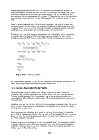 an even higher precedence than * and /. Accordingly, we must evaluate anything in
parentheses before using the result as an operand in any other calculation. The closing
parenthesis tells us we can go ahead and do the addition. We find that 4+5 is 9, and
once we know this, we can evaluate 3*9 to obtain 27. Reaching the end of the expression
is an anticlimax because there's nothing left to evaluate. The process is shown in Figure
4.15.

As we've seen, in evaluating an infix arithmetic expression, you go both forward and
backward through the expression. You go forward (left to right) reading operands and
operators. When you have enough information to apply an operator, you go backward,
recalling two operands and an operator and carrying out the arithmetic.

Sometimes you must defer applying operators if they're followed by higher precedence
operators or by parentheses. When this happens you must apply the later, higher-
precedence, operator first; then go backward (to the left) and apply earlier operators.




       Figure 4.15: Evaluating 3*(4+5)



We could write an algorithm to carry out this kind of evaluation directly. However, as we
noted, it's actually easier to translate into postfix notation first.

How Humans Translate Infix to Postfix

To translate infix to postfix notation, you follow a similar set of rules to those for
evaluating infix. However, there are a few small changes. You don't do any arithmetic.
The idea is not to evaluate the infix expression, but to rearrange the operators and
operands into a different format: postfix notation. The resulting postfix expression will be
evaluated later.

As before, you read the infix from left to right, looking at each character in turn. As you go
along, you copy these operands and operators to the postfix output string. The trick is
knowing when to copy what.

If the character in the infix string is an operand, you copy it immediately to the postfix
string. That is, if you see an A in the infix, you write an A to the postfix. There's never any
delay: you copy the operands as you get to them, no matter how long you must wait to
copy their associated operators.

Knowing when to copy an operator is more complicated, but it's the same as the rule for
evaluating infix expressions. Whenever you could have used the operator to evaluate
part of the infix expression (if you were evaluating instead of translating to postfix), you
instead copy it to the postfix string.


                                                    - 123 -
 