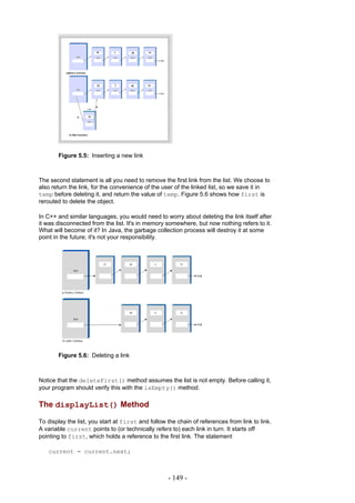 Figure 5.5: Inserting a new link



The second statement is all you need to remove the first link from the list. We choose to
also return the link, for the convenience of the user of the linked list, so we save it in
temp before deleting it, and return the value of temp. Figure 5.6 shows how first is
rerouted to delete the object.

In C++ and similar languages, you would need to worry about deleting the link itself after
it was disconnected from the list. It's in memory somewhere, but now nothing refers to it.
What will become of it? In Java, the garbage collection process will destroy it at some
point in the future; it's not your responsibility.




       Figure 5.6: Deleting a link



Notice that the deleteFirst() method assumes the list is not empty. Before calling it,
your program should verify this with the isEmpty() method.

The displayList() Method

To display the list, you start at first and follow the chain of references from link to link.
A variable current points to (or technically refers to) each link in turn. It starts off
pointing to first, which holds a reference to the first link. The statement

   current = current.next;



                                                   - 149 -
 