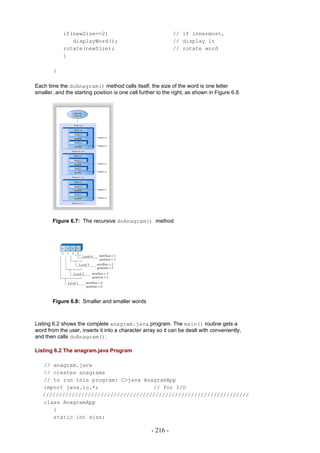 if(newSize==2)                                    // if innermost,
               displayWord();                                 // display it
            rotate(newSize);                                  // rotate word
            }

        }

Each time the doAnagram() method calls itself, the size of the word is one letter
smaller, and the starting position is one cell further to the right, as shown in Figure 6.8.




       Figure 6.7: The recursive doAnagram() method




       Figure 6.8: Smaller and smaller words



Listing 6.2 shows the complete anagram.java program. The main() routine gets a
word from the user, inserts it into a character array so it can be dealt with conveniently,
and then calls doAnagram().

Listing 6.2 The anagram.java Program

   // anagram.java
   // creates anagrams
   // to run this program: C>java AnagramApp
   import java.io.*;                 // for I/O
   ////////////////////////////////////////////////////////////////
   class AnagramApp
      {
      static int size;

                                                    - 216 -
 
