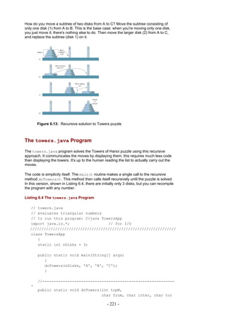 How do you move a subtree of two disks from A to C? Move the subtree consisting of
only one disk (1) from A to B. This is the base case: when you're moving only one disk,
you just move it; there's nothing else to do. Then move the larger disk (2) from A to C,
and replace the subtree (disk 1) on it.




       Figure 6.13: Recursive solution to Towers puzzle



The towers.java Program

The towers.java program solves the Towers of Hanoi puzzle using this recursive
approach. It communicates the moves by displaying them; this requires much less code
than displaying the towers. It's up to the human reading the list to actually carry out the
moves.

The code is simplicity itself. The main() routine makes a single call to the recursive
method doTowers(). This method then calls itself recursively until the puzzle is solved.
In this version, shown in Listing 6.4, there are initially only 3 disks, but you can recompile
the program with any number.

Listing 6.4 The towers.java Program

   // towers.java
   // evaluates triangular numbers
   // to run this program: C>java TowersApp
   import java.io.*;                 // for I/O
   ////////////////////////////////////////////////////////////////
   class TowersApp
      {
      static int nDisks = 3;

        public static void main(String[] args)
           {
           doTowers(nDisks, 'A', 'B', 'C');
           }

        //----------------------------------------------------------
   -
        public static void doTowers(int topN,
                                    char from, char inter, char to)

                                                   - 221 -
 