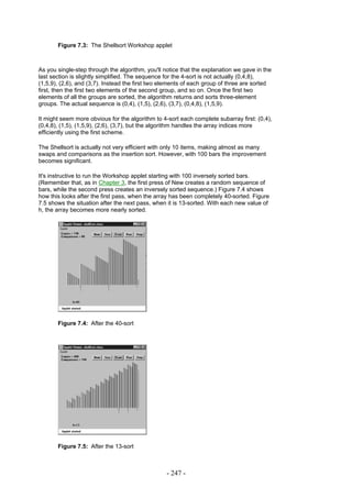 Figure 7.3: The Shellsort Workshop applet



As you single-step through the algorithm, you'll notice that the explanation we gave in the
last section is slightly simplified. The sequence for the 4-sort is not actually (0,4,8),
(1,5,9), (2,6), and (3,7). Instead the first two elements of each group of three are sorted
first, then the first two elements of the second group, and so on. Once the first two
elements of all the groups are sorted, the algorithm returns and sorts three-element
groups. The actual sequence is (0,4), (1,5), (2,6), (3,7), (0,4,8), (1,5,9).

It might seem more obvious for the algorithm to 4-sort each complete subarray first: (0,4),
(0,4,8), (1,5), (1,5,9), (2,6), (3,7), but the algorithm handles the array indices more
efficiently using the first scheme.

The Shellsort is actually not very efficient with only 10 items, making almost as many
swaps and comparisons as the insertion sort. However, with 100 bars the improvement
becomes significant.

It's instructive to run the Workshop applet starting with 100 inversely sorted bars.
(Remember that, as in Chapter 3, the first press of New creates a random sequence of
bars, while the second press creates an inversely sorted sequence.) Figure 7.4 shows
how this looks after the first pass, when the array has been completely 40-sorted. Figure
7.5 shows the situation after the next pass, when it is 13-sorted. With each new value of
h, the array becomes more nearly sorted.




       Figure 7.4: After the 40-sort




       Figure 7.5: After the 13-sort



                                                  - 247 -
 