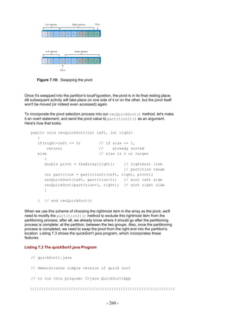 Figure 7.10: Swapping the pivot



Once it's swapped into the partition's locaFiguretion, the pivot is in its final resting place.
All subsequent activity will take place on one side of it or on the other, but the pivot itself
won't be moved (or indeed even accessed) again.

To incorporate the pivot selection process into our recQuickSort() method, let's make
it an overt statement, and send the pivot value to partitionIt() as an argument.
Here's how that looks:

    public void recQuickSort(int left, int right)
       {
       if(right-left <= 0)        // if size <= 1,
           return;                //    already sorted
       else                       // size is 2 or larger
          {
          double pivot = theArray[right];    // rightmost item
                                             // partition range
          int partition = partitionIt(left, right, pivot);
          recQuickSort(left, partition-1);   // sort left side
          recQuickSort(partition+1, right); // sort right side
          }

        }   // end recQuickSort()

When we use this scheme of choosing the rightmost item in the array as the pivot, we'll
need to modify the partitionIt() method to exclude this rightmost item from the
partitioning process; after all, we already know where it should go after the partitioning
process is complete: at the partition, between the two groups. Also, once the partitioning
process is completed, we need to swap the pivot from the right end into the partition's
location. Listing 7.3 shows the quickSort1.java program, which incorporates these
features.

Listing 7.3 The quickSort1.java Program

    // quickSort1.java

    // demonstrates simple version of quick sort

    // to run this program: C>java QuickSort1App

   ////////////////////////////////////////////////////////////////


                                                    - 260 -
 