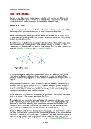 help to find an arbitrary object.)

Trees to the Rescue
It would be nice if there were a data structure with the quick insertion and deletion of a
linked list, and also the quick searching of an ordered array. Trees provide both these
characteristics, and are also one of the most interesting data structures.

What Is a Tree?
We'll be mostly interested in a particular kind of tree called a binary tree, but let's start by
discussing trees in general before moving on to the specifics of binary trees.

A tree consists of nodes connected by edges. Figure 8.1 shows a tree. In such a picture
of a tree (or in our Workshop applet) the nodes are represented as circles, and the edges
as lines connecting the circles.

Trees have been studied extensively as abstract mathematical entities, so there's a large
amount of theoretical knowledge about them. A tree is actually an instance of a more
general category called a graph, but we don't need to worry about that here. We'll discuss
graphs in Chapters 13, "Graphs," and 14, "Weighted Graphs."




        Figure 8.1: A tree



In computer programs, nodes often represent such entities as people, car parts, airline
reservations, and so on; in other words, the typical items we store in any kind of data
structure. In an OOP language such as Java, these real-world entities are represented by
objects.

The lines (edges) between the nodes represent the way the nodes are related. Roughly
speaking, the lines represent convenience: It's easy (and fast) for a program to get from
one node to another if there is a line connecting them. In fact, the only way to get from
node to node is to follow a path along the lines. Generally you are restricted to going in
one direction along edges: from the root downward.

Edges are likely to be represented in a program by references, if the program is written in
Java (or by pointers if the program is written in C or C++).

Typically there is one node in the top row of a tree, with lines connecting to more nodes
on the second row, even more on the third, and so on. Thus trees are small on the top
and large on the bottom. This may seem upside-down compared with real trees, but
generally a program starts an operation at the small end of the tree, and it's (arguably)
more natural to think about going from top to bottom, as in reading text.

There are different kinds of trees. The tree shown in Figure 8.1 has more than two children
per node. (We'll see what "children" means in a moment.) However, in this chapter we'll be
discussing a specialized form of tree called a binary tree. Each node in a binary tree has a
maximum of two children. More general trees, in which nodes can have more than two
children, are called multiway trees. We'll see an example in Chapter 10, "2-3-4 Tables and


                                                     - 281 -
 
