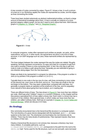 A tree consists of nodes connected by edges. Figure 8.1 shows a tree. In such a picture
 of a tree (or in our Workshop applet) the nodes are represented as circles, and the edges
 as lines connecting the circles.

 Trees have been studied extensively as abstract mathematical entities, so there's a large
 amount of theoretical knowledge about them. A tree is actually an instance of a more
 general category called a graph, but we don't need to worry about that here. We'll discuss
 graphs in Chapters 13, "Graphs," and 14, "Weighted Graphs."




        Figure 8.1: A tree



 In computer programs, nodes often represent such entities as people, car parts, airline
 reservations, and so on; in other words, the typical items we store in any kind of data
 structure. In an OOP language such as Java, these real-world entities are represented by
 objects.

 The lines (edges) between the nodes represent the way the nodes are related. Roughly
 speaking, the lines represent convenience: It's easy (and fast) for a program to get from
 one node to another if there is a line connecting them. In fact, the only way to get from
 node to node is to follow a path along the lines. Generally you are restricted to going in
 one direction along edges: from the root downward.

 Edges are likely to be represented in a program by references, if the program is written in
 Java (or by pointers if the program is written in C or C++).

 Typically there is one node in the top row of a tree, with lines connecting to more nodes
 on the second row, even more on the third, and so on. Thus trees are small on the top
 and large on the bottom. This may seem upside-down compared with real trees, but
 generally a program starts an operation at the small end of the tree, and it's (arguably)
 more natural to think about going from top to bottom, as in reading text.

 There are different kinds of trees. The tree shown in Figure 8.1 has more than two children
 per node. (We'll see what "children" means in a moment.) However, in this chapter we'll be
 discussing a specialized form of tree called a binary tree. Each node in a binary tree has a
 maximum of two children. More general trees, in which nodes can have more than two
 children, are called multiway trees. We'll see an example in Chapter 10, "2-3-4 Tables and
 External Storage," where we discuss 2-3-4 trees.

An Analogy
 One commonly encountered tree is the hierarchical file structure in a computer system.
 The root directory of a given device (designated with the backslash, as in C:, on many
 systems) is the tree's root. The directories one level below the root directory are its
 children. There may be many levels of subdirectories. Files represent leaves; they have
 no children of their own.

 Clearly a hierarchical file structure is not a binary tree, because a directory may have
 many children. A complete pathname, such as
 C:SALESEASTNOVEMBERSMITH.DAT, corresponds to the path from the root to the
 SMITH.DAT leaf. Terms used for the file structure, such as root and path, were borrowed

                                                   - 283 -
 
