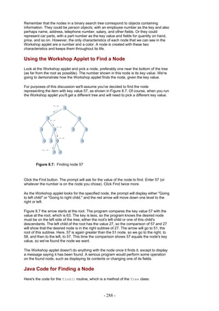 Remember that the nodes in a binary search tree correspond to objects containing
information. They could be person objects, with an employee number as the key and also
perhaps name, address, telephone number, salary, and other fields. Or they could
represent car parts, with a part number as the key value and fields for quantity on hand,
price, and so on. However, the only characteristics of each node that we can see in the
Workshop applet are a number and a color. A node is created with these two
characteristics and keeps them throughout its life.

Using the Workshop Applet to Find a Node
Look at the Workshop applet and pick a node, preferably one near the bottom of the tree
(as far from the root as possible). The number shown in this node is its key value. We're
going to demonstrate how the Workshop applet finds the node, given the key value.

For purposes of this discussion we'll assume you've decided to find the node
representing the item with key value 57, as shown in Figure 8.7. Of course, when you run
the Workshop applet you'll get a different tree and will need to pick a different key value.




       Figure 8.7: Finding node 57



Click the Find button. The prompt will ask for the value of the node to find. Enter 57 (or
whatever the number is on the node you chose). Click Find twice more.

As the Workshop applet looks for the specified node, the prompt will display either "Going
to left child" or "Going to right child," and the red arrow will move down one level to the
right or left.

Figure 8.7 the arrow starts at the root. The program compares the key value 57 with the
value at the root, which is 63. The key is less, so the program knows the desired node
must be on the left side of the tree; either the root's left child or one of this child's
descendants. The left child of the root has the value 27, so the comparison of 57 and 27
will show that the desired node is in the right subtree of 27. The arrow will go to 51, the
root of this subtree. Here, 57 is again greater than the 51 node, so we go to the right, to
58, and then to the left, to 57. This time the comparison shows 57 equals the node's key
value, so we've found the node we want.

The Workshop applet doesn't do anything with the node once it finds it, except to display
a message saying it has been found. A serious program would perform some operation
on the found node, such as displaying its contents or changing one of its fields.

Java Code for Finding a Node
Here's the code for the find() routine, which is a method of the Tree class:



                                                   - 288 -
 