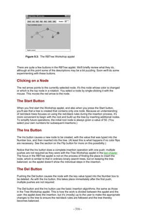 Figure 9.3: The RBTree Workshop applet



There are quite a few buttons in the RBTree applet. We'll briefly review what they do,
although at this point some of the descriptions may be a bit puzzling. Soon we'll do some
experimenting with these buttons.

Clicking on a Node
The red arrow points to the currently selected node. It's this node whose color is changed
or which is the top node in a rotation. You select a node by single-clicking it with the
mouse. This moves the red arrow to the node.

The Start Button
When you first start the Workshop applet, and also when you press the Start button,
you'll see that a tree is created that contains only one node. Because an understanding
of red-black trees focuses on using the red-black rules during the insertion process, it's
more convenient to begin with the root and build up the tree by inserting additional nodes.
To simplify future operations, the initial root node is always given a value of 50. (You
select your own numbers for subsequent insertions.)

The Ins Button
The Ins button causes a new node to be created, with the value that was typed into the
Number box, and then inserted into the tree. (At least this is what happens if no color flips
are necessary. See the section on the Flip button for more on this possibility.)

Notice that the Ins button does a complete insertion operation with one push; multiple
pushes are not required as they were with the Tree Workshop applet in the last chapter.
The focus in the RBTree applet is not on the process of finding the place to insert the
node, which is similar to that in ordinary binary search trees, but on keeping the tree
balanced, so the applet doesn't show the individual steps in the insertion.

The Del Button
Pushing the Del button causes the node with the key value typed into the Number box to
be deleted. As with the Ins button, this takes place immediately after the first push;
multiple pushes are not required.

The Del button and the Ins button use the basic insertion algorithms; the same as those
in the Tree Workshop applet. This is how the work is divided between the applet and the
user: the applet does the insertion, but it's (mostly) up to the user to make the appropriate
changes to the tree to ensure the red-black rules are followed and the tree thereby
becomes balanced.


                                                  - 316 -
 