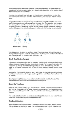 in an ordinary binary search tree: It follows a path from the root to the place where the
node should be inserted, going left or right at each node depending on the relative size of
the node's key and the search key.

However, in a red-black tree, getting to the insertion point is complicated by color flips
and rotations. We introduced color flips in Experiment 3; now we'll look at them in more
detail.

Imagine the insertion routine proceeding down the tree, going left or right at each node,
searching for the place to insert a new node. To make sure the color rules aren't broken,
it needs to perform color flips when necessary. Here's the rule: Every time the insertion
routine encounters a black node that has two red children, it must change the children to
black and the parent to red (unless the parent is the root, which always remains black).




        Figure 9.11: Color flip



How does a color flip affect the red-black rules? For convenience, let's call the node at
the top of the triangle, the one that's red before the flip, P for parent. We'll call P's left and
right children X1 and X2. This is shown in Figure 9.11a.

Black Heights Unchanged

Figure 9.11b shows the nodes after the color flip. The flip leaves unchanged the number
of black nodes on the path from the root on down through P to the leaf or null nodes. All
such paths go through P, and then through either X1 or X2. Before the flip, only P is
black, so the triangle (consisting of P, X1, and X2) adds one black node to each of these
paths.

After the flip, P is no longer black, but both L and R are, so again the triangle contributes
one black node to every path that passes through it. So a color flip can't cause Rule 4 to
be violated.

Color flips are helpful because they make red leaf nodes into black leaf nodes. This
makes it easier to attach new red nodes without violating Rule 3.

Could Be Two Reds

Although Rule 4 is not violated by a color flip, Rule 3 (a node and its parent can't both be
red) may be. If the parent of P is black, there's no problem when P is changed from black
to red. However, if the parent of P is red, then, after the color change, we'll have two reds
in a row.

This needs to be fixed before we continue down the path to insert the new node. We can
correct the situation with a rotation, as we'll soon see.

The Root Situation

What about the root? Remember that a color flip of the root and its two children leaves
the root, as well as its children, black. This avoids violating Rule 2. Does this affect the

                                                     - 325 -
 