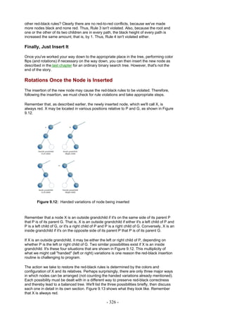 other red-black rules? Clearly there are no red-to-red conflicts, because we've made
more nodes black and none red. Thus, Rule 3 isn't violated. Also, because the root and
one or the other of its two children are in every path, the black height of every path is
increased the same amount; that is, by 1. Thus, Rule 4 isn't violated either.

Finally, Just Insert It

Once you've worked your way down to the appropriate place in the tree, performing color
flips (and rotations) if necessary on the way down, you can then insert the new node as
described in the last chapter for an ordinary binary search tree. However, that's not the
end of the story.

Rotations Once the Node is Inserted
The insertion of the new node may cause the red-black rules to be violated. Therefore,
following the insertion, we must check for rule violations and take appropriate steps.

Remember that, as described earlier, the newly inserted node, which we'll call X, is
always red. X may be located in various positions relative to P and G, as shown in Figure
9.12.




        Figure 9.12: Handed variations of node being inserted



Remember that a node X is an outside grandchild if it's on the same side of its parent P
that P is of its parent G. That is, X is an outside grandchild if either it's a left child of P and
P is a left child of G, or it's a right child of P and P is a right child of G. Conversely, X is an
inside grandchild if it's on the opposite side of its parent P that P is of its parent G.

If X is an outside grandchild, it may be either the left or right child of P, depending on
whether P is the left or right child of G. Two similar possibilities exist if X is an inside
grandchild. It's these four situations that are shown in Figure 9.12. This multiplicity of
what we might call "handed" (left or right) variations is one reason the red-black insertion
routine is challenging to program.

The action we take to restore the red-black rules is determined by the colors and
configuration of X and its relatives. Perhaps surprisingly, there are only three major ways
in which nodes can be arranged (not counting the handed variations already mentioned).
Each possibility must be dealt with in a different way to preserve red-black correctness
and thereby lead to a balanced tree. We'll list the three possibilities briefly, then discuss
each one in detail in its own section. Figure 9.13 shows what they look like. Remember
that X is always red.

                                                      - 326 -
 