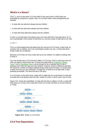 What's in a Name?
The 2, 3, and 4 in the name 2-3-4 tree refer to how many links to child nodes can
potentially be contained in a given node. For non-leaf nodes, three arrangements are
possible:

• A node with one data item always has two children

• A node with two data items always has three children

• A node with three data items always has four children

In short, a non-leaf node must always have one more child than it has data items. Or, to
put it symbolically, if the number of child links is L and the number of data items is D, then

L=D+1

This is a critical relationship that determines the structure of 2-3-4 trees. A leaf node, by
contrast, has no children, but it can nevertheless contain one, two, or three data items.
Empty nodes are not allowed.

Because a 2-3-4 tree can have nodes with up to four children, it's called a multiway tree
of order 4.

You may wonder why a 2-3-4 tree isn't called a 1-2-3-4 tree. Can't a node have only one
child, as nodes in binary trees can? A binary tree (described in Chapters 8, "Binary
Trees," and 9, "Red-Black Trees") can be thought of as a multiway tree of order 2
because each node can have up to two children. However, there's a difference (besides
the maximum number of children) between binary trees and 2-3-4 trees. In a binary tree,
a node can have up to two child links. A single link, to its left or to its right child, is also
perfectly permissible. The other link has a null value.

In a 2-3-4 tree, on the other hand, nodes with a single link are not permitted. A node with
one data item must always have two links, unless it's a leaf, in which case it has no links.

Figure 10.2 shows the possibilities. A node with two links is called a 2-node, a node with
three links is a 3-node, and a node with 4 links is a 4-node, but there is no such thing as
a 1-node.




        Figure 10.2: Nodes in a 2-3-4 tree



2-3-4 Tree Organization
                                                     - 336 -
 