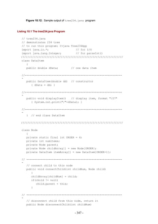 Figure 10.12: Sample output of tree234.java program



Listing 10.1 The tree234.java Program

  // tree234.java
  // demonstrates 234 tree
  // to run this program: C>java Tree234App
  import java.io.*;                 // for I/O
  import java.lang.Integer;         // for parseInt()
  ////////////////////////////////////////////////////////////////
  class DataItem
     {
     public double dData;        // one data item

   //-------------------------------------------------------------
   -
      public DataItem(double dd) // constructor
         { dData = dd; }

   //-------------------------------------------------------------
   -
      public void displayItem()   // display item, format "/27"
         { System.out.print("/"+dData); }

   //-------------------------------------------------------------
   -
      } // end class DataItem

  ////////////////////////////////////////////////////////////////

   class Node
      {
      private   static final int ORDER = 4;
      private   int numItems;
      private   Node parent;
      private   Node childArray[] = new Node[ORDER];
      private   DataItem itemArray[] = new DataItem[ORDER-1];

   // ------------------------------------------------------------
   -
      // connect child to this node
      public void connectChild(int childNum, Node child)
         {
         childArray[childNum] = child;
         if(child != null)
            child.parent = this;
         }

   // ------------------------------------------------------------
   -
      // disconnect child from this node, return it
      public Node disconnectChild(int childNum)


                                         - 347 -
 