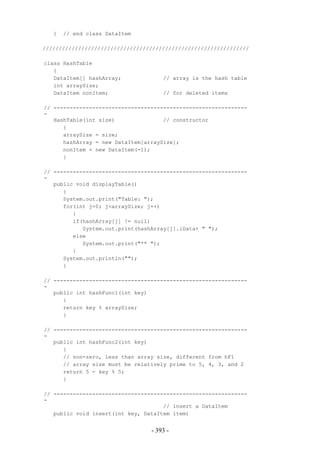 }   // end class DataItem

////////////////////////////////////////////////////////////////

class HashTable
   {
   DataItem[] hashArray;             // array is the hash table
   int arraySize;
   DataItem nonItem;                 // for deleted items

// ------------------------------------------------------------
-
   HashTable(int size)               // constructor
      {
      arraySize = size;
      hashArray = new DataItem[arraySize];
      nonItem = new DataItem(-1);
      }

// ------------------------------------------------------------
-
   public void displayTable()
      {
      System.out.print("Table: ");
      for(int j=0; j<arraySize; j++)
         {
         if(hashArray[j] != null)
            System.out.print(hashArray[j].iData+ " ");
         else
            System.out.print("** ");
         }
      System.out.println("");
      }

// ------------------------------------------------------------
-
   public int hashFunc1(int key)
      {
      return key % arraySize;
      }

// ------------------------------------------------------------
-
   public int hashFunc2(int key)
      {
      // non-zero, less than array size, different from hF1
      // array size must be relatively prime to 5, 4, 3, and 2
      return 5 - key % 5;
      }

// ------------------------------------------------------------
-
                                     // insert a DataItem
   public void insert(int key, DataItem item)


                                 - 393 -
 