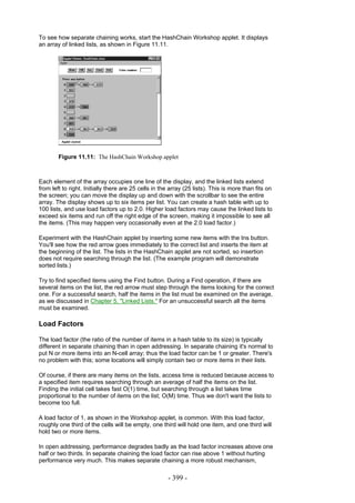 To see how separate chaining works, start the HashChain Workshop applet. It displays
an array of linked lists, as shown in Figure 11.11.




        Figure 11.11: The HashChain Workshop applet



Each element of the array occupies one line of the display, and the linked lists extend
from left to right. Initially there are 25 cells in the array (25 lists). This is more than fits on
the screen; you can move the display up and down with the scrollbar to see the entire
array. The display shows up to six items per list. You can create a hash table with up to
100 lists, and use load factors up to 2.0. Higher load factors may cause the linked lists to
exceed six items and run off the right edge of the screen, making it impossible to see all
the items. (This may happen very occasionally even at the 2.0 load factor.)

Experiment with the HashChain applet by inserting some new items with the Ins button.
You'll see how the red arrow goes immediately to the correct list and inserts the item at
the beginning of the list. The lists in the HashChain applet are not sorted, so insertion
does not require searching through the list. (The example program will demonstrate
sorted lists.)

Try to find specified items using the Find button. During a Find operation, if there are
several items on the list, the red arrow must step through the items looking for the correct
one. For a successful search, half the items in the list must be examined on the average,
as we discussed in Chapter 5, "Linked Lists." For an unsuccessful search all the items
must be examined.

Load Factors

The load factor (the ratio of the number of items in a hash table to its size) is typically
different in separate chaining than in open addressing. In separate chaining it's normal to
put N or more items into an N-cell array; thus the load factor can be 1 or greater. There's
no problem with this; some locations will simply contain two or more items in their lists.

Of course, if there are many items on the lists, access time is reduced because access to
a specified item requires searching through an average of half the items on the list.
Finding the initial cell takes fast O(1) time, but searching through a list takes time
proportional to the number of items on the list; O(M) time. Thus we don't want the lists to
become too full.

A load factor of 1, as shown in the Workshop applet, is common. With this load factor,
roughly one third of the cells will be empty, one third will hold one item, and one third will
hold two or more items.

In open addressing, performance degrades badly as the load factor increases above one
half or two thirds. In separate chaining the load factor can rise above 1 without hurting
performance very much. This makes separate chaining a more robust mechanism,

                                                      - 399 -
 