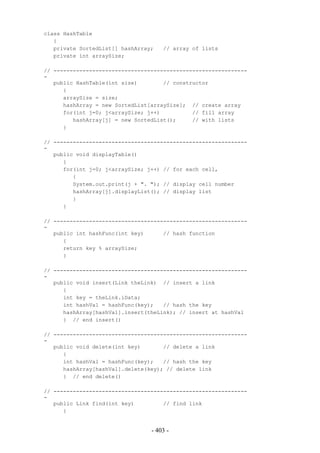 class HashTable
   {
   private SortedList[] hashArray;   // array of lists
   private int arraySize;

// ------------------------------------------------------------
-
   public HashTable(int size)        // constructor
      {
      arraySize = size;
      hashArray = new SortedList[arraySize]; // create array
      for(int j=0; j<arraySize; j++)          // fill array
         hashArray[j] = new SortedList();     // with lists
      }

// ------------------------------------------------------------
-
   public void displayTable()
      {
      for(int j=0; j<arraySize; j++) // for each cell,
         {
         System.out.print(j + ". "); // display cell number
         hashArray[j].displayList(); // display list
         }
      }

// ------------------------------------------------------------
-
   public int hashFunc(int key)      // hash function
      {
      return key % arraySize;
      }

// ------------------------------------------------------------
-
   public void insert(Link theLink) // insert a link
      {
      int key = theLink.iData;
      int hashVal = hashFunc(key);   // hash the key
      hashArray[hashVal].insert(theLink); // insert at hashVal
      } // end insert()

// ------------------------------------------------------------
-
   public void delete(int key)       // delete a link
      {
      int hashVal = hashFunc(key);   // hash the key
      hashArray[hashVal].delete(key); // delete link
      } // end delete()

// ------------------------------------------------------------
-
   public Link find(int key)         // find link
      {


                                 - 403 -
 