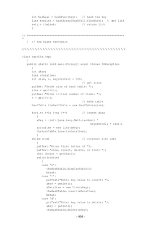 int hashVal = hashFunc(key);   // hash the key
      Link theLink = hashArray[hashVal].find(key); // get link
      return theLink;                // return link
      }

// ------------------------------------------------------------
-
   } // end class HashTable

////////////////////////////////////////////////////////////////

class HashChainApp
   {
   public static void main(String[] args) throws IOException
      {
      int aKey;
      Link aDataItem;
      int size, n, keysPerCell = 100;
                                     // get sizes
      putText("Enter size of hash table: ");
      size = getInt();
      putText("Enter initial number of items: ");
      n = getInt();
                                     // make table
      HashTable theHashTable = new HashTable(size);

      for(int j=0; j<n; j++)         // insert data
         {
         aKey = (int)(java.lang.Math.random() *
                                          keysPerCell * size);
         aDataItem = new Link(aKey);
         theHashTable.insert(aDataItem);
         }
      while(true)                    // interact with user
         {
         putText("Enter first letter of ");
         putText("show, insert, delete, or find: ");
         char choice = getChar();
         switch(choice)
            {
            case 's':
               theHashTable.displayTable();
               break;
            case 'i':
               putText("Enter key value to insert: ");
               aKey = getInt();
               aDataItem = new Link(aKey);
               theHashTable.insert(aDataItem);
               break;
            case 'd':
               putText("Enter key value to delete: ");
               aKey = getInt();
               theHashTable.delete(aKey);

                                 - 404 -
 
