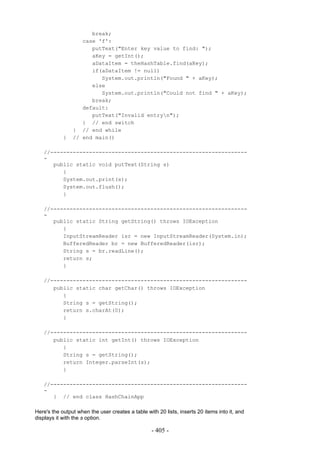 break;
                   case 'f':
                      putText("Enter key value to find: ");
                      aKey = getInt();
                      aDataItem = theHashTable.find(aKey);
                      if(aDataItem != null)
                         System.out.println("Found " + aKey);
                      else
                         System.out.println("Could not find " + aKey);
                      break;
                   default:
                      putText("Invalid entryn");
                   } // end switch
                } // end while
            }   // end main()

   //-------------------------------------------------------------
   -
      public static void putText(String s)
         {
         System.out.print(s);
         System.out.flush();
         }

   //-------------------------------------------------------------
   -
      public static String getString() throws IOException
         {
         InputStreamReader isr = new InputStreamReader(System.in);
         BufferedReader br = new BufferedReader(isr);
         String s = br.readLine();
         return s;
         }

   //-------------------------------------------------------------
      public static char getChar() throws IOException
         {
         String s = getString();
         return s.charAt(0);
         }

   //-------------------------------------------------------------
      public static int getInt() throws IOException
         {
         String s = getString();
         return Integer.parseInt(s);
         }

   //-------------------------------------------------------------
   -
      } // end class HashChainApp

Here's the output when the user creates a table with 20 lists, inserts 20 items into it, and
displays it with the s option.

                                                   - 405 -
 