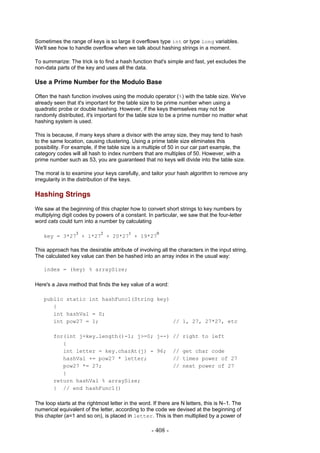 Sometimes the range of keys is so large it overflows type int or type long variables.
We'll see how to handle overflow when we talk about hashing strings in a moment.

To summarize: The trick is to find a hash function that's simple and fast, yet excludes the
non-data parts of the key and uses all the data.

Use a Prime Number for the Modulo Base

Often the hash function involves using the modulo operator (%) with the table size. We've
already seen that it's important for the table size to be prime number when using a
quadratic probe or double hashing. However, if the keys themselves may not be
randomly distributed, it's important for the table size to be a prime number no matter what
hashing system is used.

This is because, if many keys share a divisor with the array size, they may tend to hash
to the same location, causing clustering. Using a prime table size eliminates this
possibility. For example, if the table size is a multiple of 50 in our car part example, the
category codes will all hash to index numbers that are multiples of 50. However, with a
prime number such as 53, you are guaranteed that no keys will divide into the table size.

The moral is to examine your keys carefully, and tailor your hash algorithm to remove any
irregularity in the distribution of the keys.

Hashing Strings
We saw at the beginning of this chapter how to convert short strings to key numbers by
multiplying digit codes by powers of a constant. In particular, we saw that the four-letter
word cats could turn into a number by calculating

                  3          2            1           0
   key = 3*27 + 1*27 + 20*27 + 19*27

This approach has the desirable attribute of involving all the characters in the input string.
The calculated key value can then be hashed into an array index in the usual way:

   index = (key) % arraySize;

Here's a Java method that finds the key value of a word:

   public static int hashFunc1(String key)
      {
      int hashVal = 0;
      int pow27 = 1;                       // 1, 27, 27*27, etc

        for(int j=key.length()-1; j>=0; j--) // right to left
           {
           int letter = key.charAt(j) - 96; // get char code
           hashVal += pow27 * letter;        // times power of 27
           pow27 *= 27;                      // next power of 27
           }
        return hashVal % arraySize;
        } // end hashFunc1()

The loop starts at the rightmost letter in the word. If there are N letters, this is N–1. The
numerical equivalent of the letter, according to the code we devised at the beginning of
this chapter (a=1 and so on), is placed in letter. This is then multiplied by a power of

                                                    - 408 -
 