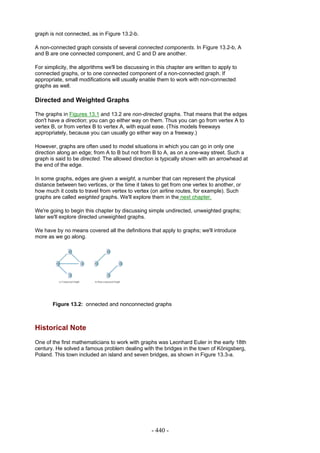graph is not connected, as in Figure 13.2-b.

A non-connected graph consists of several connected components. In Figure 13.2-b, A
and B are one connected component, and C and D are another.

For simplicity, the algorithms we'll be discussing in this chapter are written to apply to
connected graphs, or to one connected component of a non-connected graph. If
appropriate, small modifications will usually enable them to work with non-connected
graphs as well.

Directed and Weighted Graphs

The graphs in Figures 13.1 and 13.2 are non-directed graphs. That means that the edges
don't have a direction; you can go either way on them. Thus you can go from vertex A to
vertex B, or from vertex B to vertex A, with equal ease. (This models freeways
appropriately, because you can usually go either way on a freeway.)

However, graphs are often used to model situations in which you can go in only one
direction along an edge; from A to B but not from B to A, as on a one-way street. Such a
graph is said to be directed. The allowed direction is typically shown with an arrowhead at
the end of the edge.

In some graphs, edges are given a weight, a number that can represent the physical
distance between two vertices, or the time it takes to get from one vertex to another, or
how much it costs to travel from vertex to vertex (on airline routes, for example). Such
graphs are called weighted graphs. We'll explore them in the next chapter.

We're going to begin this chapter by discussing simple undirected, unweighted graphs;
later we'll explore directed unweighted graphs.

We have by no means covered all the definitions that apply to graphs; we'll introduce
more as we go along.




       Figure 13.2: onnected and nonconnected graphs



Historical Note
One of the first mathematicians to work with graphs was Leonhard Euler in the early 18th
century. He solved a famous problem dealing with the bridges in the town of Königsberg,
Poland. This town included an island and seven bridges, as shown in Figure 13.3-a.




                                                   - 440 -
 