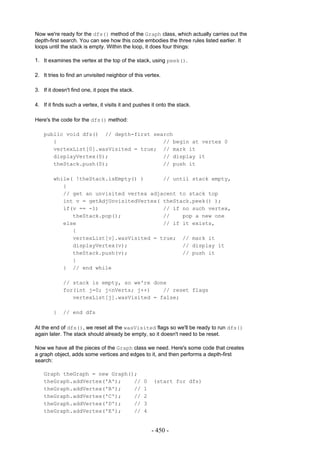 Now we're ready for the dfs() method of the Graph class, which actually carries out the
depth-first search. You can see how this code embodies the three rules listed earlier. It
loops until the stack is empty. Within the loop, it does four things:

1. It examines the vertex at the top of the stack, using peek().

2. It tries to find an unvisited neighbor of this vertex.

3. If it doesn't find one, it pops the stack.

4. If it finds such a vertex, it visits it and pushes it onto the stack.

Here's the code for the dfs() method:

    public void dfs() // depth-first search
       {                                // begin at vertex 0
       vertexList[0].wasVisited = true; // mark it
       displayVertex(0);                // display it
       theStack.push(0);                // push it

        while( !theStack.isEmpty() )      // until stack empty,
           {
           // get an unvisited vertex adjacent to stack top
           int v = getAdjUnvisitedVertex( theStack.peek() );
           if(v == -1)                    // if no such vertex,
              theStack.pop();             //    pop a new one
           else                           // if it exists,
              {
              vertexList[v].wasVisited = true; // mark it
              displayVertex(v);                 // display it
              theStack.push(v);                 // push it
              }
           } // end while

             // stack is empty, so we're done
             for(int j=0; j<nVerts; j++)    // reset flags
                vertexList[j].wasVisited = false;

        }    // end dfs

At the end of dfs(), we reset all the wasVisited flags so we'll be ready to run dfs()
again later. The stack should already be empty, so it doesn't need to be reset.

Now we have all the pieces of the Graph class we need. Here's some code that creates
a graph object, adds some vertices and edges to it, and then performs a depth-first
search:

    Graph theGraph = new Graph();
    theGraph.addVertex('A');    //                0   (start for dfs)
    theGraph.addVertex('B');    //                1
    theGraph.addVertex('C');    //                2
    theGraph.addVertex('D');    //                3
    theGraph.addVertex('E');    //                4


                                                      - 450 -
 