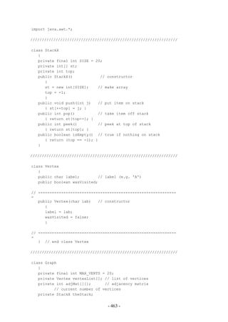 import java.awt.*;

////////////////////////////////////////////////////////////////

class StackX
   {
   private final int SIZE = 20;
   private int[] st;
   private int top;
   public StackX()            // constructor
      {
      st = new int[SIZE];    // make array
      top = -1;
      }
   public void push(int j)   // put item on stack
      { st[++top] = j; }
   public int pop()          // take item off stack
      { return st[top--]; }
   public int peek()         // peek at top of stack
      { return st[top]; }
   public boolean isEmpty() // true if nothing on stack
      { return (top == -1); }
   }

////////////////////////////////////////////////////////////////

class Vertex
   {
   public char label;        // label (e.g. 'A')
   public boolean wasVisited;

// ------------------------------------------------------------
-
   public Vertex(char lab)   // constructor
      {
      label = lab;
      wasVisited = false;
      }

// ------------------------------------------------------------
-
   } // end class Vertex

////////////////////////////////////////////////////////////////

class Graph
   {
   private final int MAX_VERTS = 20;
   private Vertex vertexList[]; // list of vertices
   private int adjMat[][];      // adjacency matrix
          // current number of vertices
   private StackX theStack;


                                 - 463 -
 