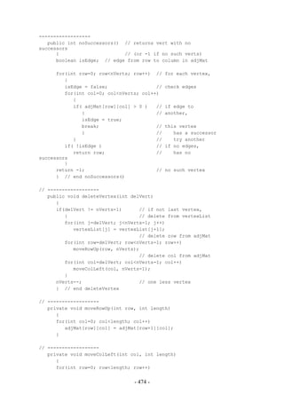 ------------------
   public int noSuccessors() // returns vert with no
successors
      {                      // (or -1 if no such verts)
      boolean isEdge; // edge from row to column in adjMat

      for(int row=0; row<nVerts; row++) //    for each vertex,
         {
         isEdge = false;                 //   check edges
         for(int col=0; col<nVerts; col++)
            {
            if( adjMat[row][col] > 0 )   //   if edge to
               {                         //   another,
               isEdge = true;
               break;                    //   this vertex
               }                         //      has a successor
            }                            //      try another
         if( !isEdge )                   //   if no edges,
            return row;                  //      has no
successors
         }
      return -1;                         //   no such vertex
      } // end noSuccessors()

// ------------------
   public void deleteVertex(int delVert)
      {
      if(delVert != nVerts-1)      // if not last vertex,
         {                         // delete from vertexList
         for(int j=delVert; j<nVerts-1; j++)
            vertexList[j] = vertexList[j+1];
                                   // delete row from adjMat
         for(int row=delVert; row<nVerts-1; row++)
            moveRowUp(row, nVerts);
                                   // delete col from adjMat
         for(int col=delVert; col<nVerts-1; col++)
            moveColLeft(col, nVerts-1);
         }
      nVerts--;                    // one less vertex
      } // end deleteVertex

// ------------------
   private void moveRowUp(int row, int length)
      {
      for(int col=0; col<length; col++)
         adjMat[row][col] = adjMat[row+1][col];
      }

// ------------------
   private void moveColLeft(int col, int length)
      {
      for(int row=0; row<length; row++)


                                 - 474 -
 