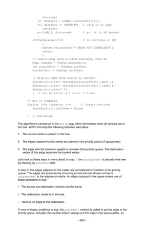 continue;
               int distance = adjMat[currentVert][j];
               if( distance == INFINITY) // skip if no edge
                  continue;
               putInPQ(j, distance);      // put it in PQ (maybe)
               }
            if(thePQ.size()==0)           // no vertices in PQ?
                  {
                  System.out.println(" GRAPH NOT CONNECTED");
                  return;
                  }
            // remove edge with minimum distance, from PQ
            Edge theEdge = thePQ.removeMin();
            int sourceVert = theEdge.srcVert;
            currentVert = theEdge.destVert;

            // display edge from source to current
            System.out.print( vertexList[sourceVert].label );
            System.out.print( vertexList[currentVert].label );
            System.out.print(" ");
            } // end while(not all verts in tree)

        // mst is complete
        for(int j=0; j<nVerts; j++)     // unmark vertices
           vertexList[j].isInTree = false;

        }   // end mstw()

The algorithm is carried out in the while loop, which terminates when all vertices are in
the tree. Within this loop the following activities take place:

1. The current vertex is placed in the tree.

2. The edges adjacent to this vertex are placed in the priority queue (if appropriate).

3. The edge with the minimum weight is removed from priority queue. The destination
   vertex of this edge becomes the current vertex.

Let's look at these steps in more detail. In step 1, the currentVert is placed in the tree
by marking its isInTree field.

In step 2, the edges adjacent to this vertex are considered for insertion in the priority
queue. The edges are examined by scanning across the row whose number is
currentVert in the adjacency matrix. An edge is placed in the queue unless one of
these conditions is true:

• The source and destination vertices are the same.

• The destination vertex is in the tree.

• There is no edge to this destination.

If none of these conditions is true, the putInPQ() method is called to put the edge in the
priority queue. Actually, this routine doesn't always put the edge in the queue either, as

                                                   - 484 -
 