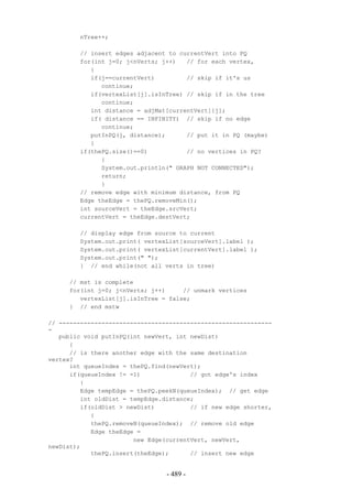 nTree++;

        // insert edges adjacent to currentVert into PQ
        for(int j=0; j<nVerts; j++)   // for each vertex,
           {
           if(j==currentVert)         // skip if it's us
              continue;
           if(vertexList[j].isInTree) // skip if in the tree
              continue;
           int distance = adjMat[currentVert][j];
           if( distance == INFINITY) // skip if no edge
              continue;
           putInPQ(j, distance);      // put it in PQ (maybe)
           }
        if(thePQ.size()==0)           // no vertices in PQ?
              {
              System.out.println(" GRAPH NOT CONNECTED");
              return;
              }
        // remove edge with minimum distance, from PQ
        Edge theEdge = thePQ.removeMin();
        int sourceVert = theEdge.srcVert;
        currentVert = theEdge.destVert;

        // display edge from source to current
        System.out.print( vertexList[sourceVert].label );
        System.out.print( vertexList[currentVert].label );
        System.out.print(" ");
        } // end while(not all verts in tree)

     // mst is complete
     for(int j=0; j<nVerts; j++)     // unmark vertices
        vertexList[j].isInTree = false;
     } // end mstw

// ------------------------------------------------------------
-
   public void putInPQ(int newVert, int newDist)
      {
      // is there another edge with the same destination
vertex?
      int queueIndex = thePQ.find(newVert);
      if(queueIndex != -1)              // got edge's index
         {
         Edge tempEdge = thePQ.peekN(queueIndex); // get edge
         int oldDist = tempEdge.distance;
         if(oldDist > newDist)          // if new edge shorter,
            {
            thePQ.removeN(queueIndex); // remove old edge
            Edge theEdge =
                        new Edge(currentVert, newVert,
newDist);
            thePQ.insert(theEdge);      // insert new edge


                                 - 489 -
 