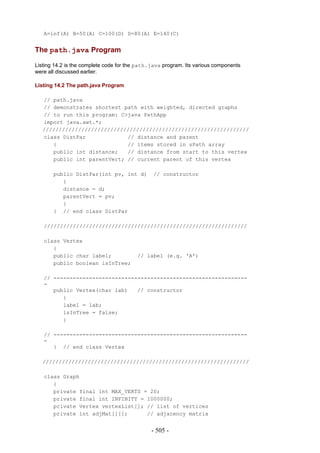 A=inf(A) B=50(A) C=100(D) D=80(A) E=140(C)


The path.java Program

Listing 14.2 is the complete code for the path.java program. Its various components
were all discussed earlier.

Listing 14.2 The path.java Program

   // path.java
   // demonstrates shortest path with weighted, directed graphs
   // to run this program: C>java PathApp
   import java.awt.*;
   ////////////////////////////////////////////////////////////////
   class DistPar             // distance and parent
      {                      // items stored in sPath array
      public int distance;   // distance from start to this vertex
      public int parentVert; // current parent of this vertex

       public DistPar(int pv, int d)           // constructor
          {
          distance = d;
          parentVert = pv;
          }
       } // end class DistPar

   ///////////////////////////////////////////////////////////////

   class Vertex
      {
      public char label;                 // label (e.g. 'A')
      public boolean isInTree;

   // ------------------------------------------------------------
   -
      public Vertex(char lab)   // constructor
         {
         label = lab;
         isInTree = false;
         }

   // ------------------------------------------------------------
   -
      } // end class Vertex

   ////////////////////////////////////////////////////////////////

   class Graph
      {
      private final int MAX_VERTS = 20;
      private final int INFINITY = 1000000;
      private Vertex vertexList[]; // list of vertices
      private int adjMat[][];      // adjacency matrix


                                               - 505 -
 